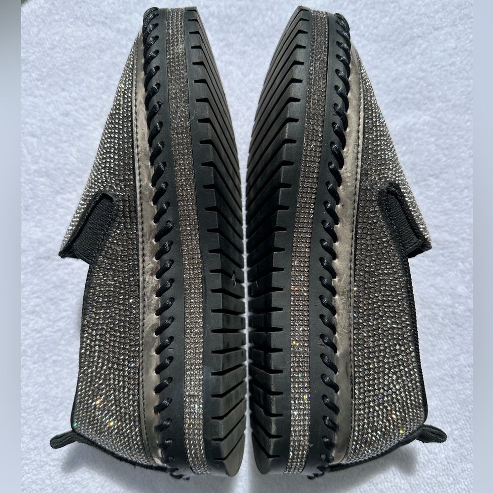 Muguan Loafers Platform Sparkly Bejeweled Slip On Loafers Black Silver 7.5